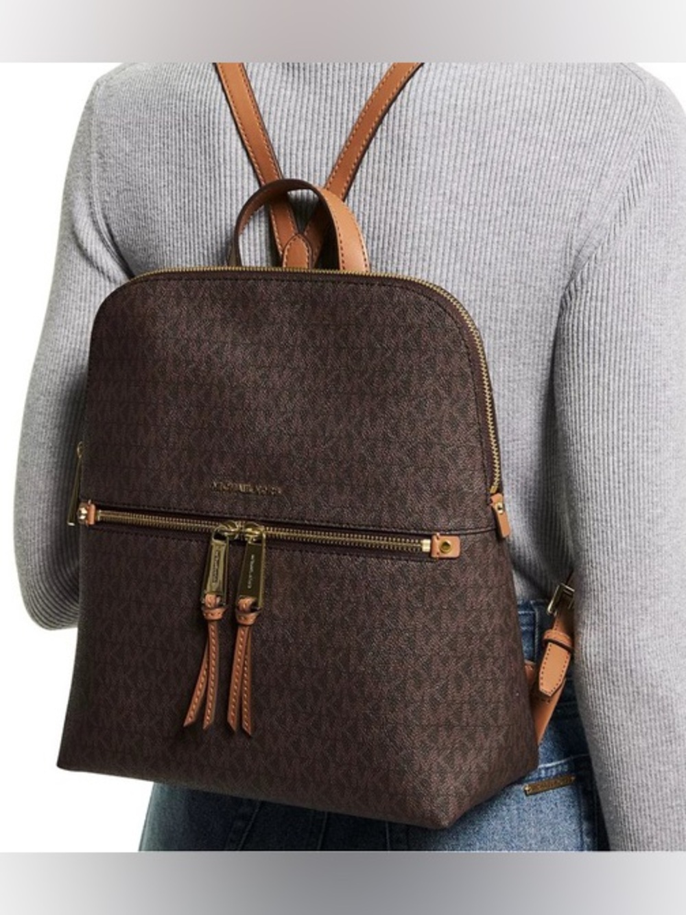 Michael Kors Brown Rhea Signature Slim Backpack